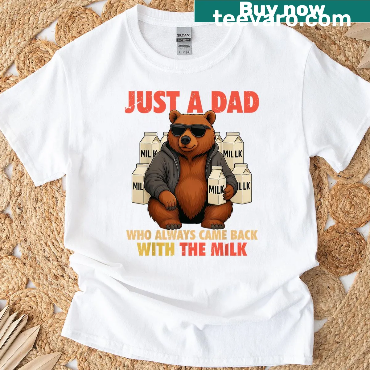 Whimsical T-shirt for dads with humorous milk reference for Father's Day — on a men's t-shirt