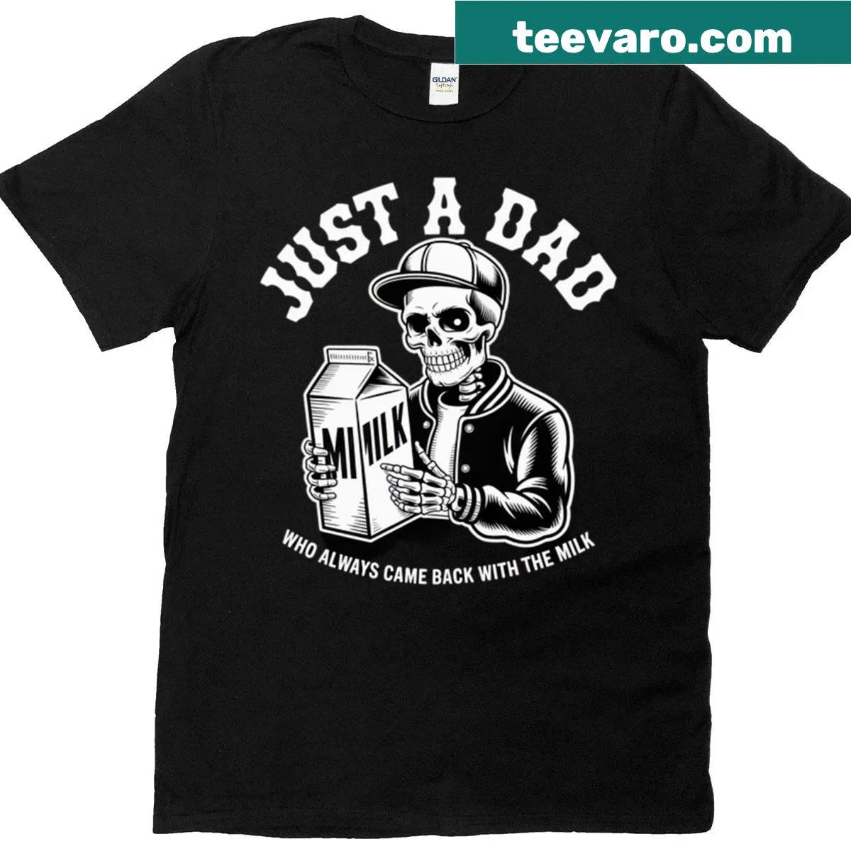 Oversized funny dad T-shirt with skeleton design and humorous text — on a men's t-shirt