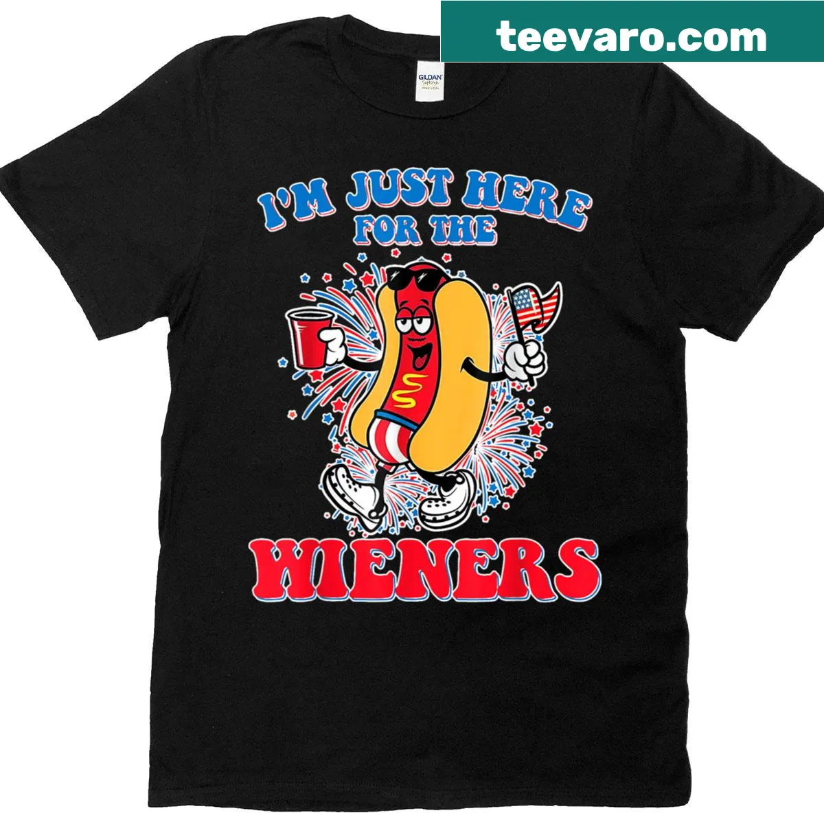 Playful T-shirt with hot dog-themed saying for Fourth of July — on a men's t-shirt