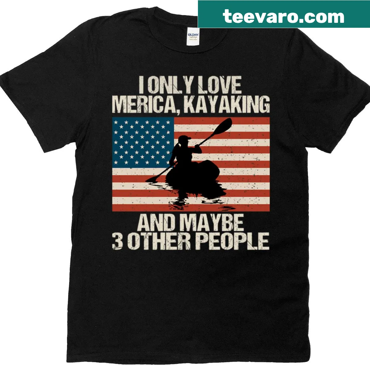 4th of July shirt with American flag and funny kayaking text — on a men's t-shirt