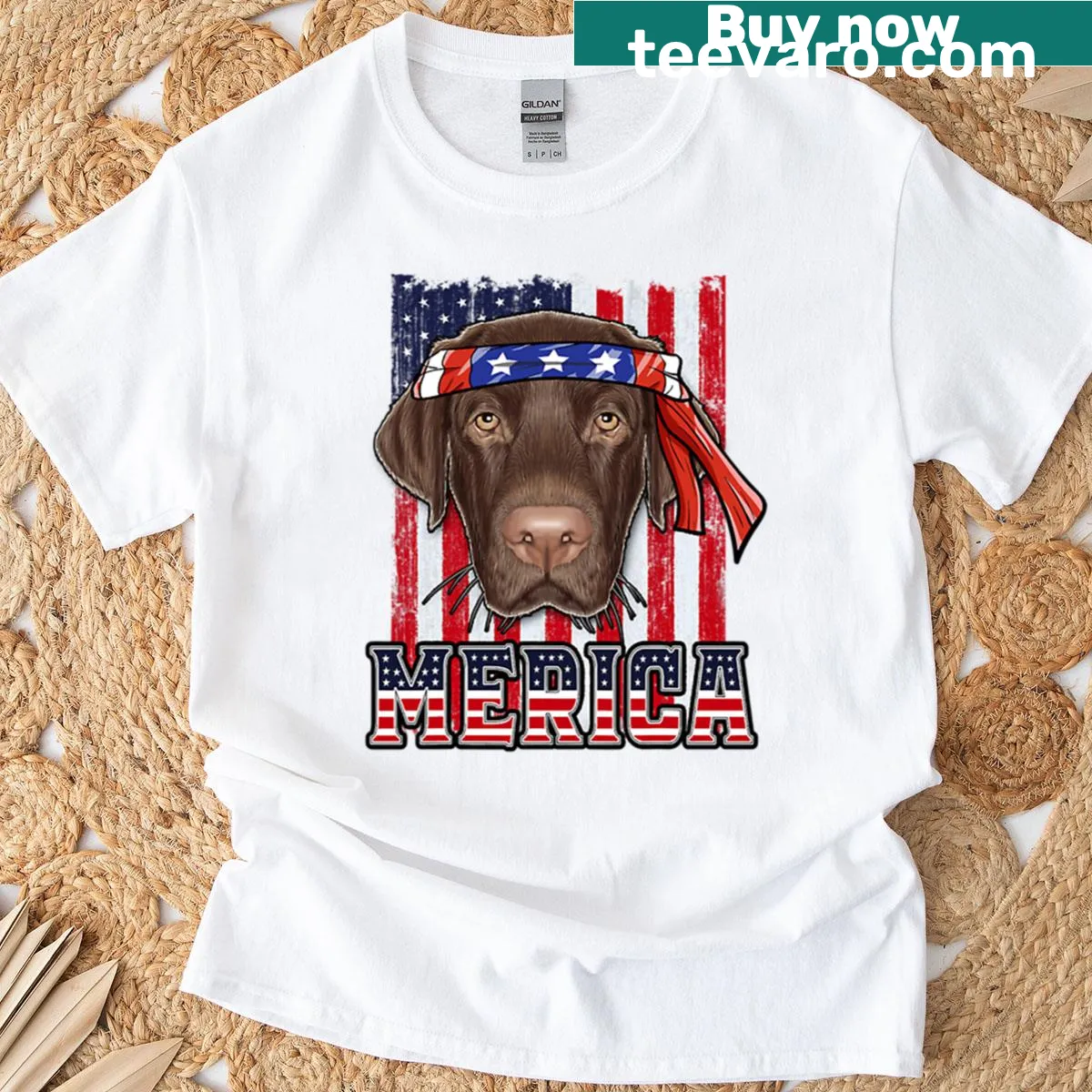 Funny Fourth of July T-shirt featuring a Labrador dog — on a men's t-shirt