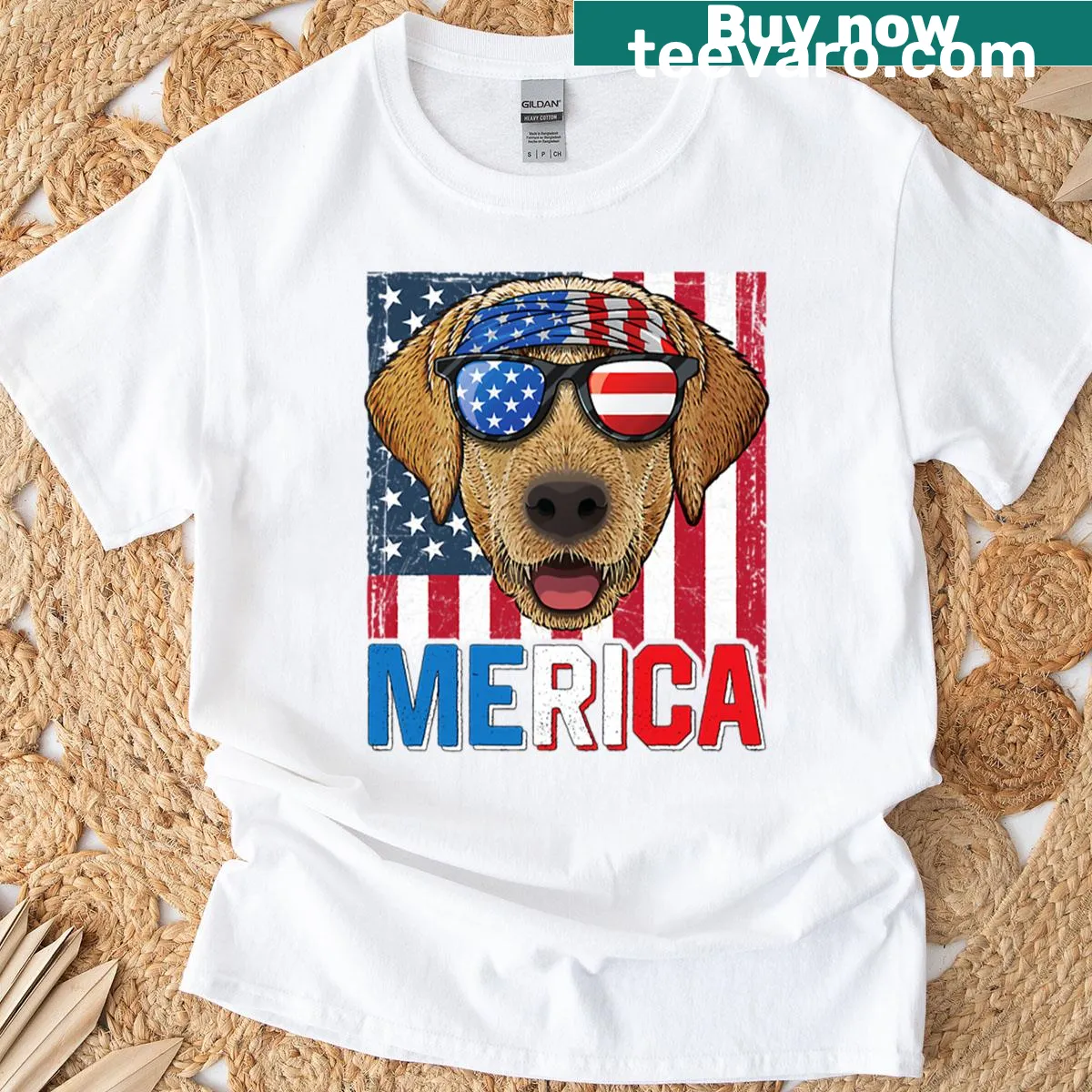 Oversized t-shirt with a cartoon Labrador celebrating July 4th — on a men's t-shirt