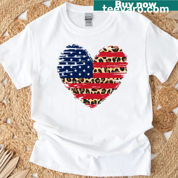 Leopard print heart with American flag design T-shirt