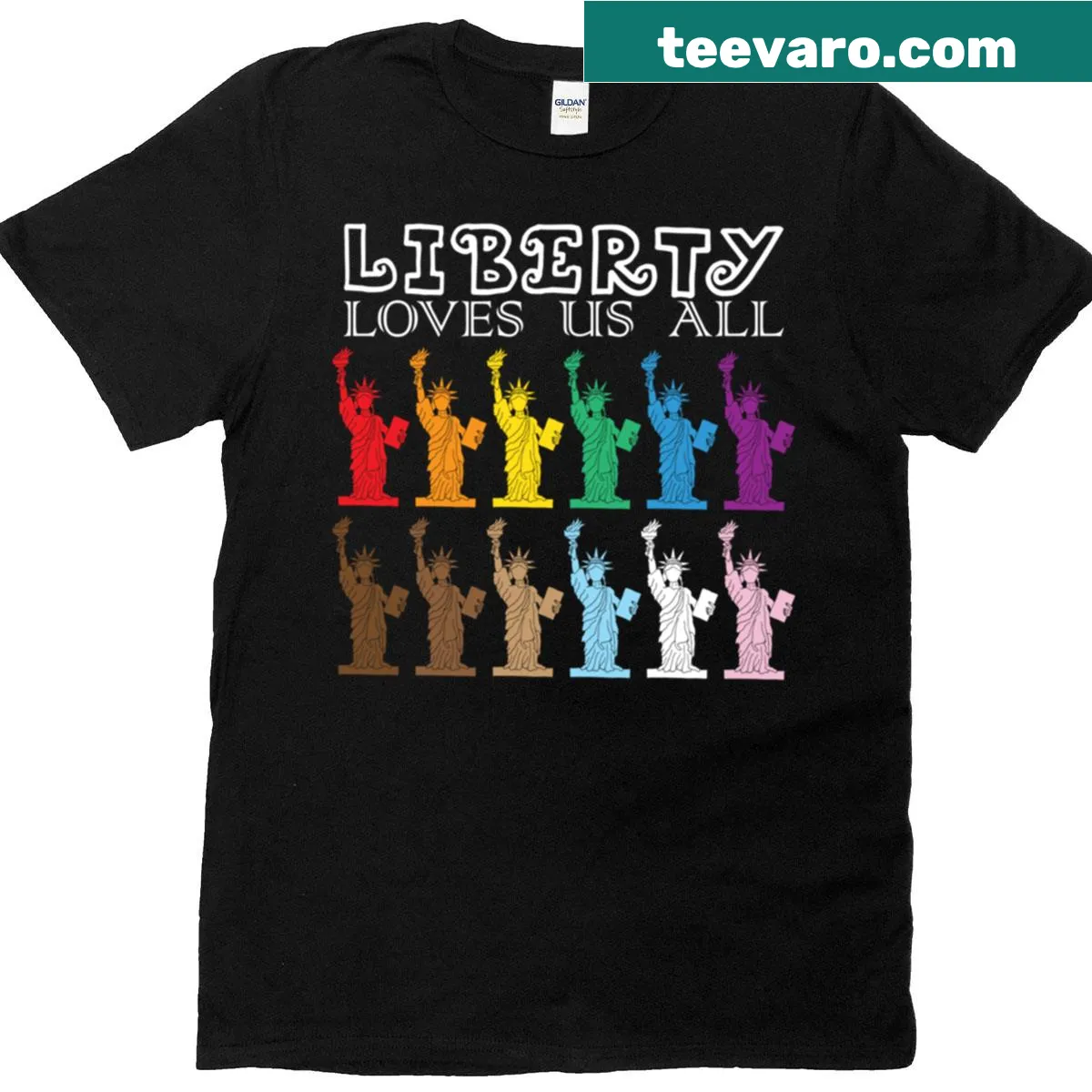 Typography t-shirt featuring the phrase 'Liberty Loves Us All' — on a men's t-shirt