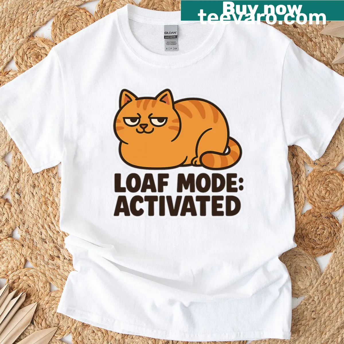 Funny cat-lover t-shirt featuring a loaf mode meme — on a men's t-shirt