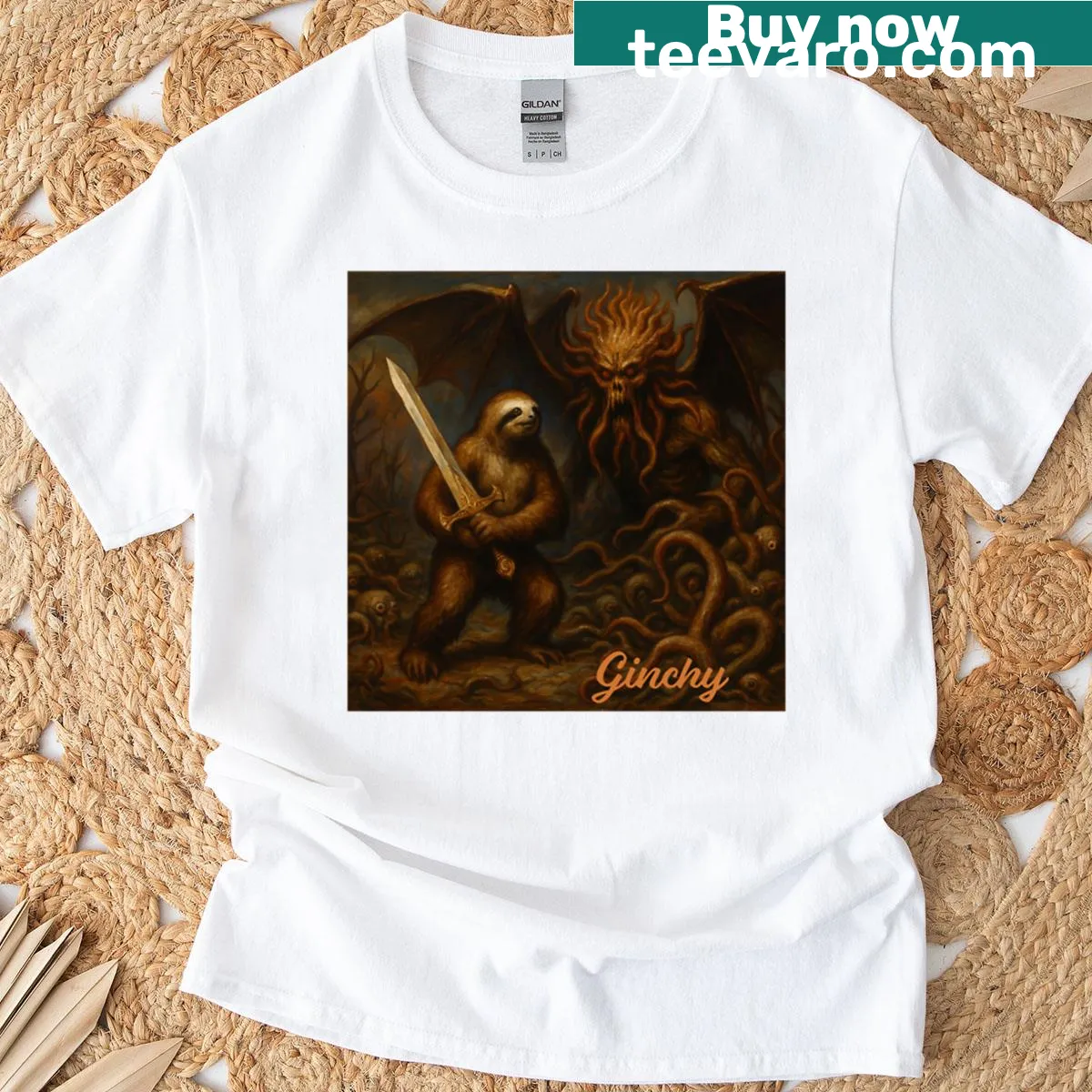 Fantasy t-shirt featuring 'Lord Slothington Vs The Unspeakable' design — on a men's t-shirt