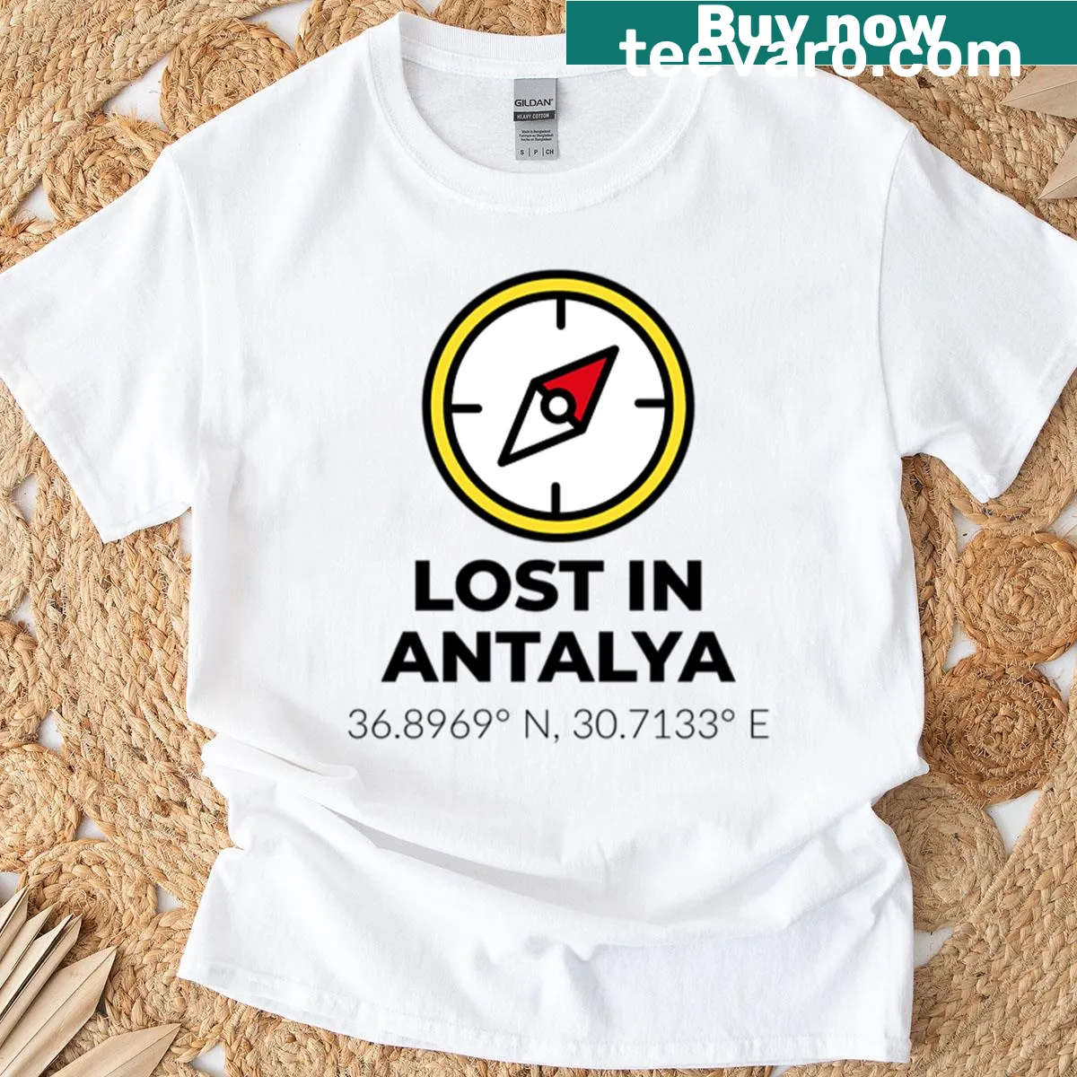 Minimalist compass design T-shirt inspired by Antalya — on a men's t-shirt
