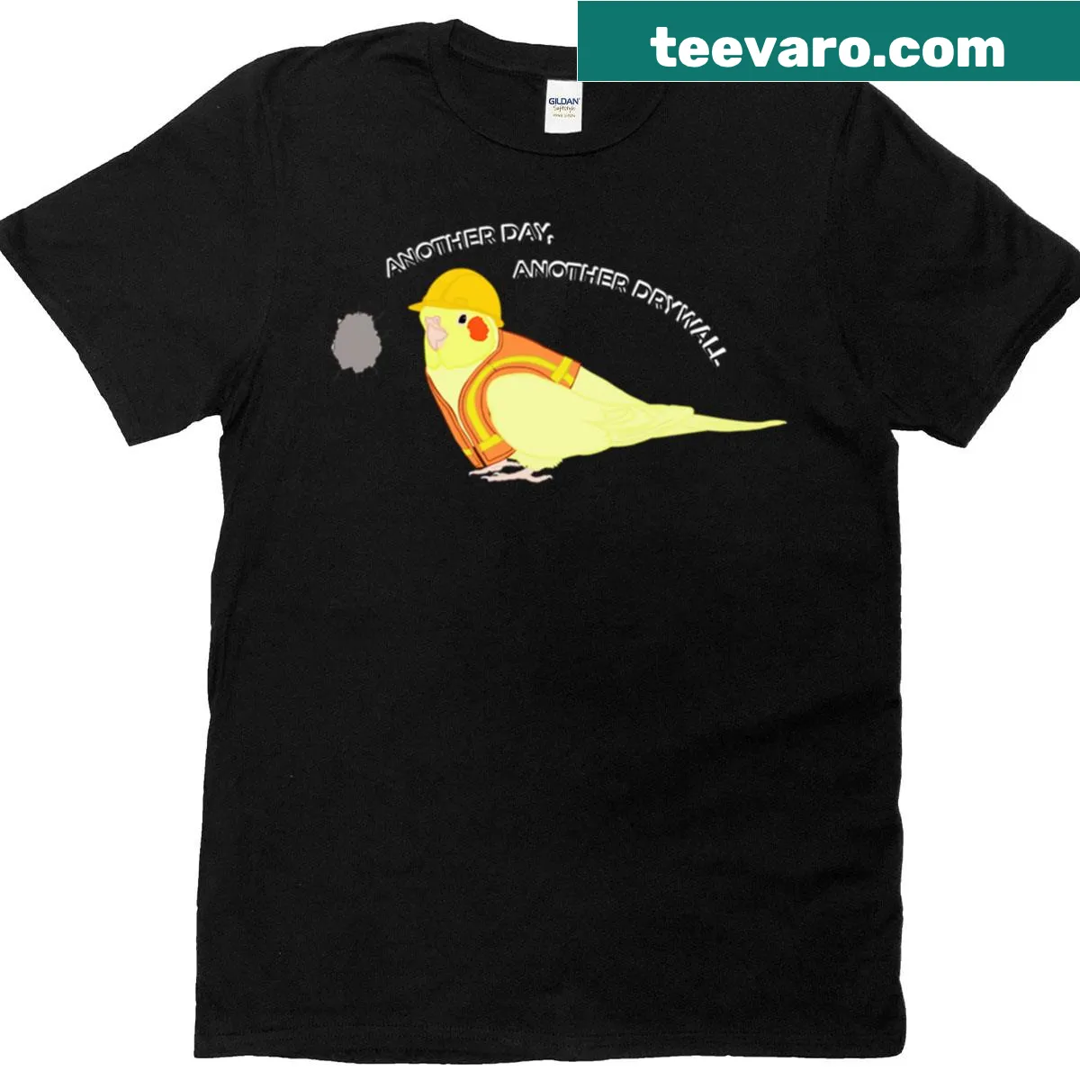 Funny cartoon T-shirt featuring a Lutino Cockatiel as a construction worker — on a men's t-shirt