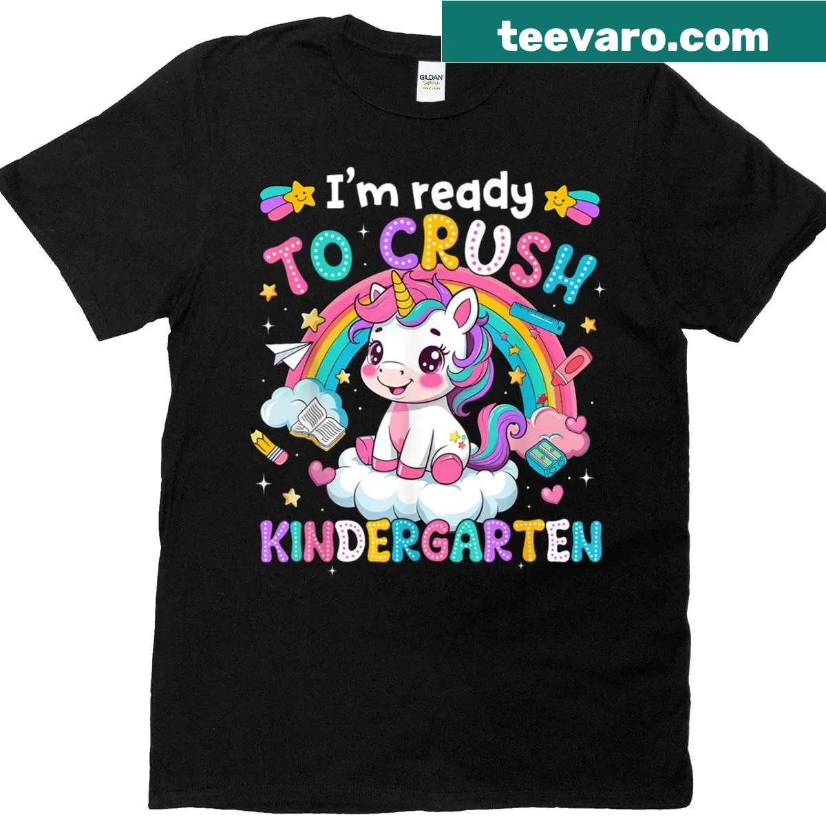 Adorable unicorn graphic T-shirt for kindergarten girls heading back to school — on a men's t-shirt