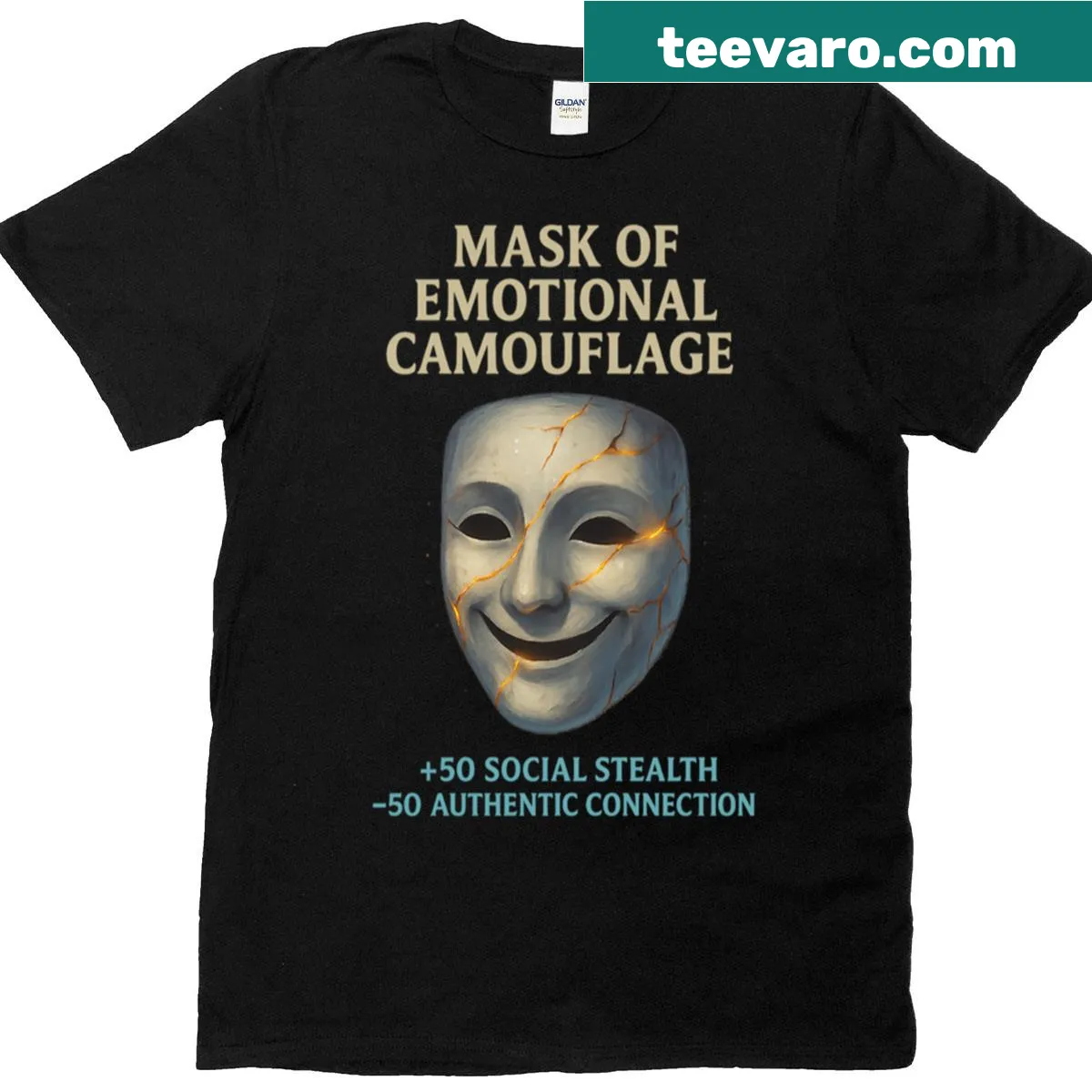 Illustration of a cracked porcelain mask on an oversized t-shirt — on a men's t-shirt