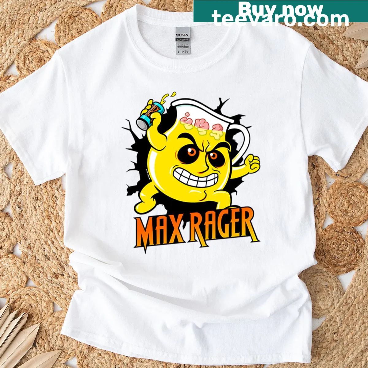 Vintage distressed T-shirt featuring playful Max Rager graphic. — on a men's t-shirt