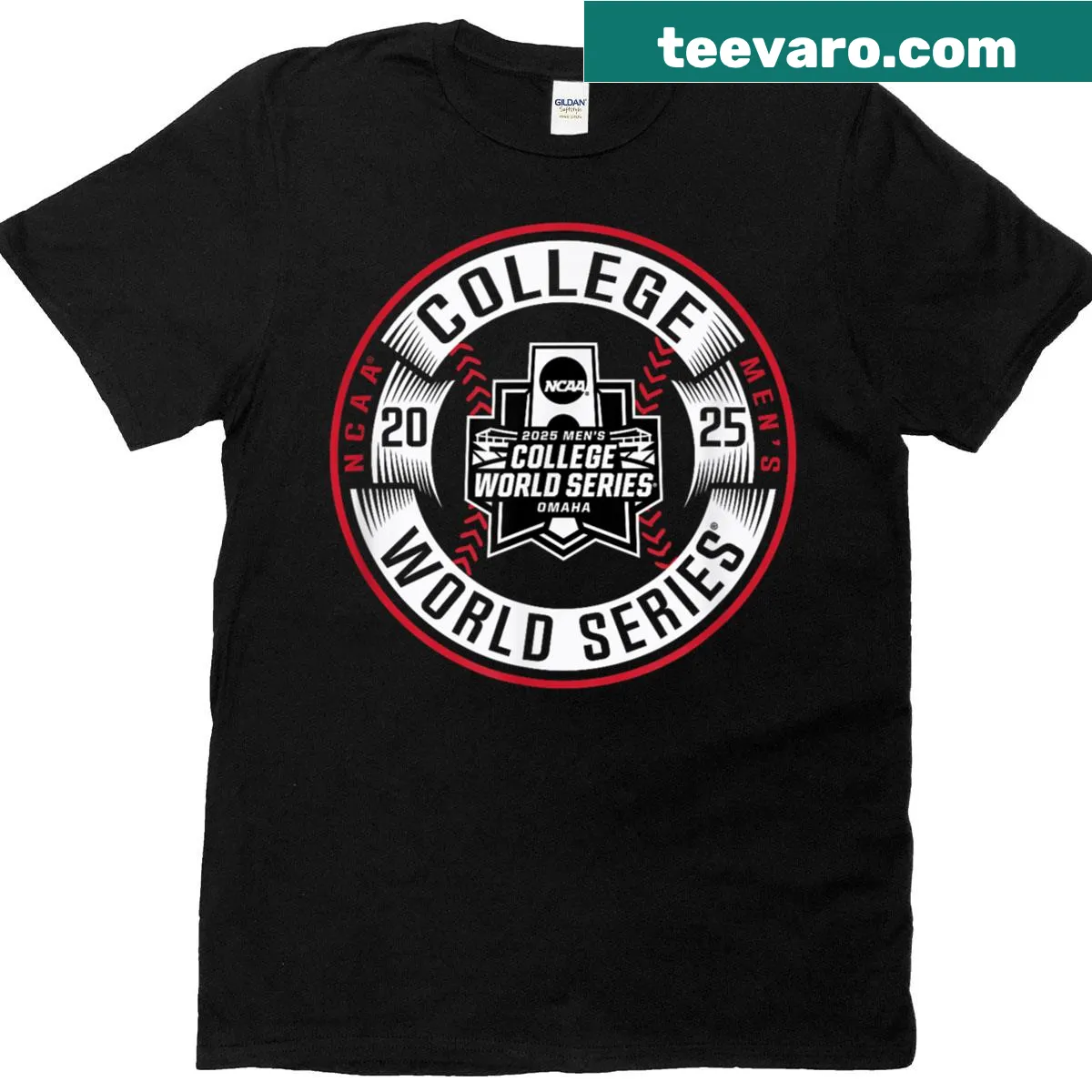 College World Series 2025 NCAA Baseball banner graphic T-shirt — on a men's t-shirt
