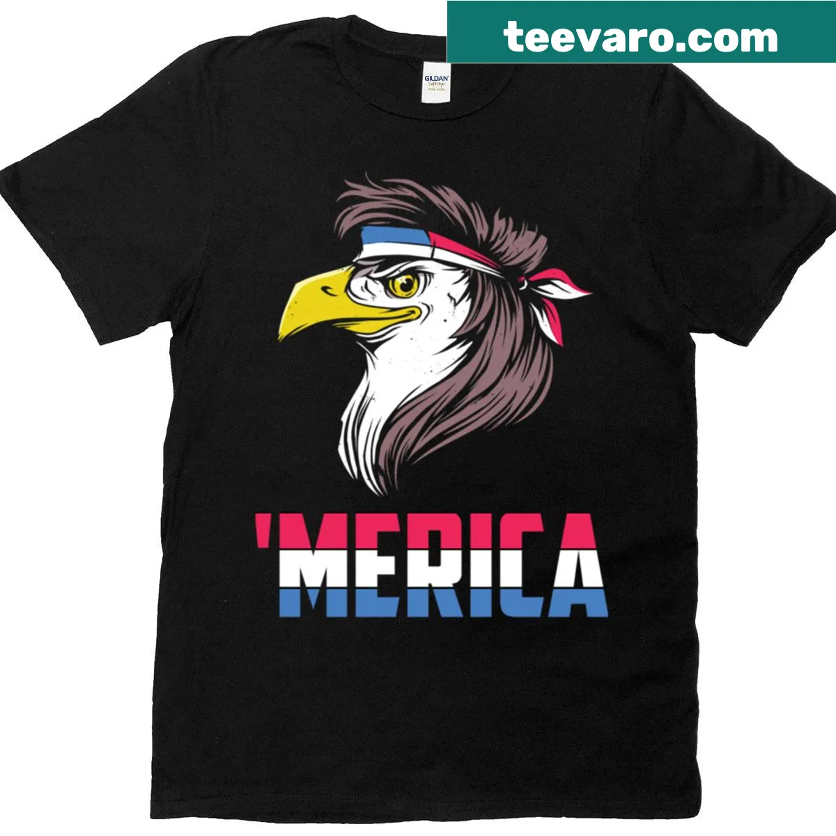 Oversized T-shirt with an eagle in a mullet hairstyle and American flag graphic — on a men's t-shirt