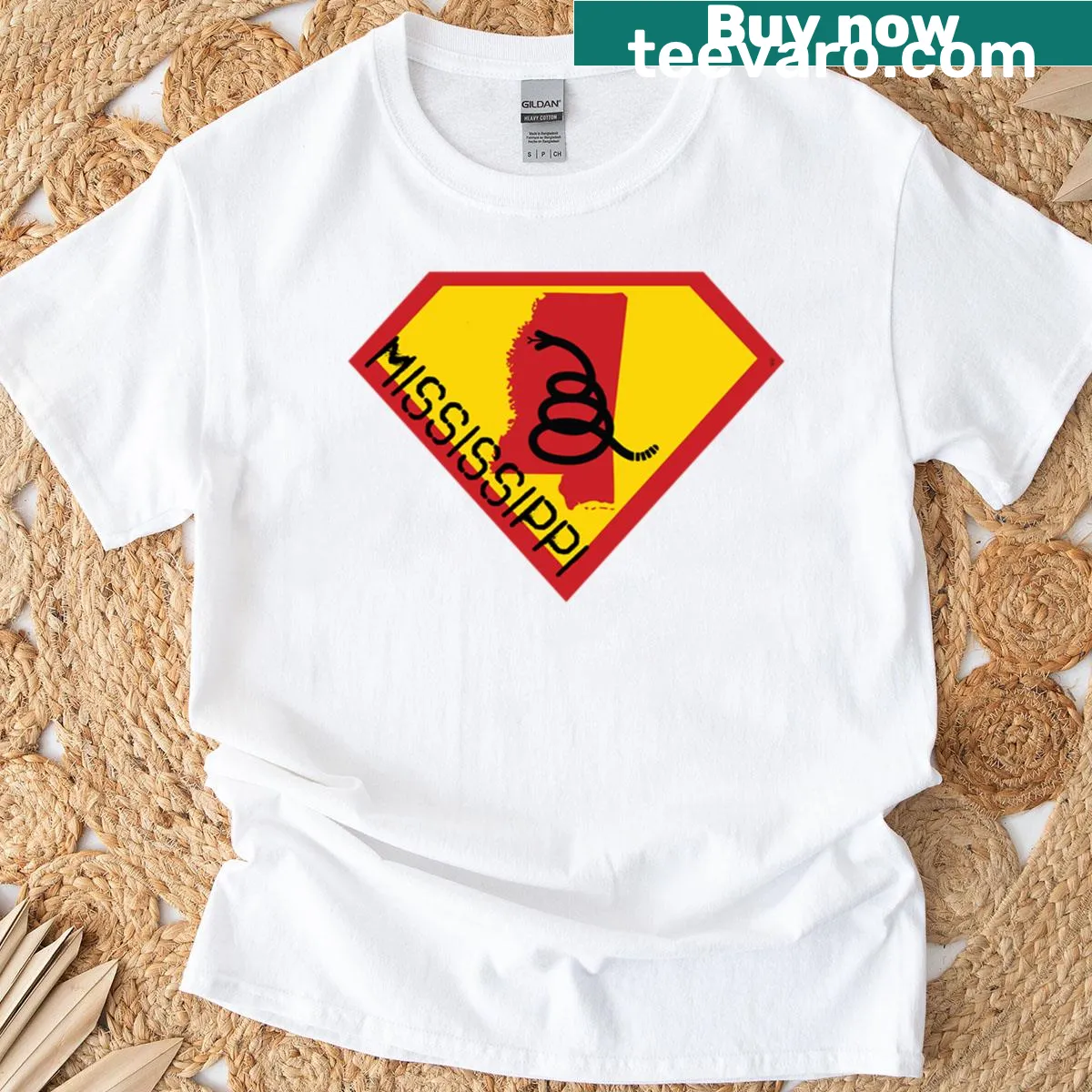 T-shirt with Mississippian Shield and Gadsden snake flag design — on a men's t-shirt