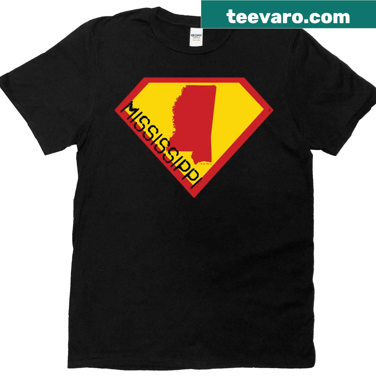 Patriotic T-shirt with Mississippian shield and superhero design — on a men's t-shirt