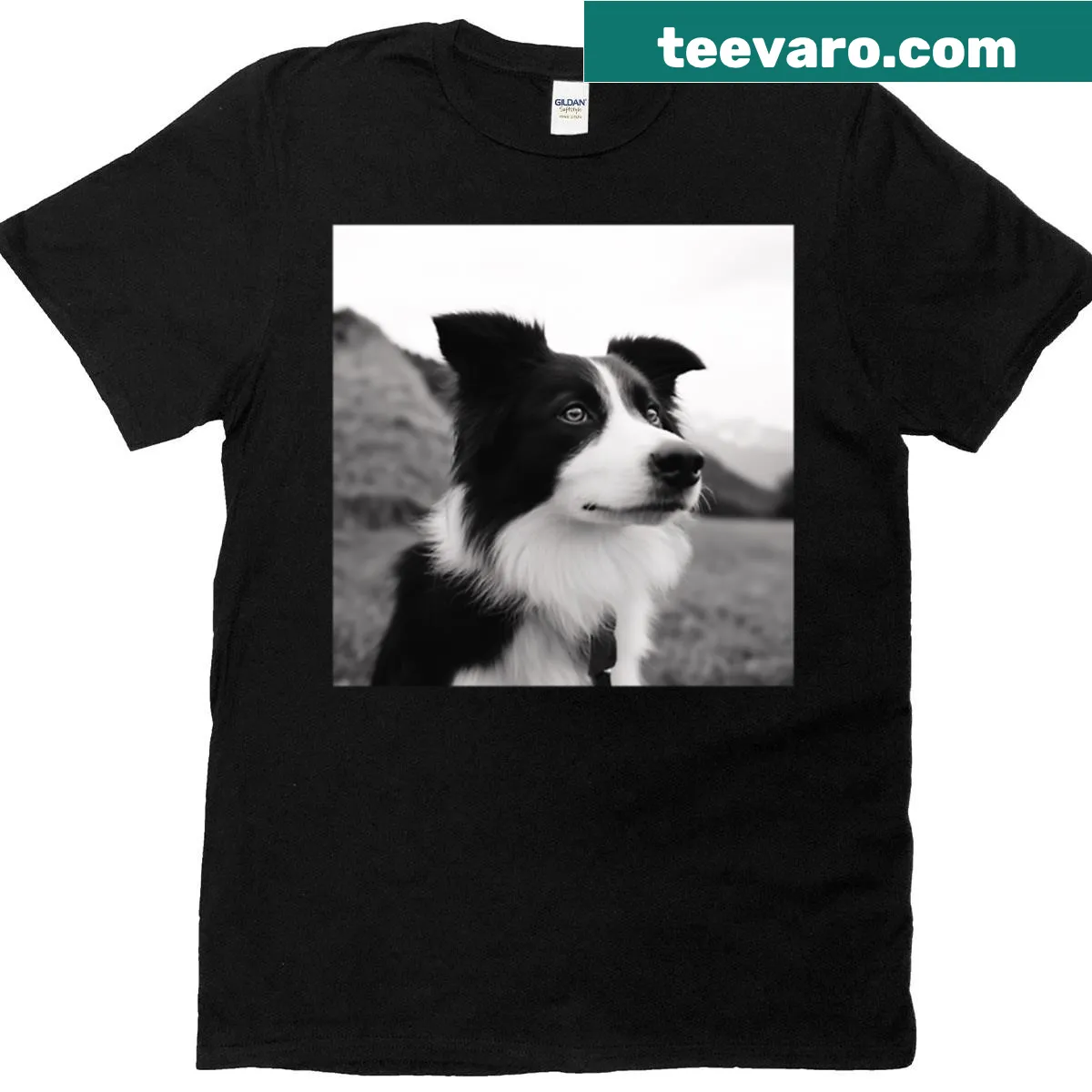 Black and white Border Collie dog portrait t-shirt — on a men's t-shirt