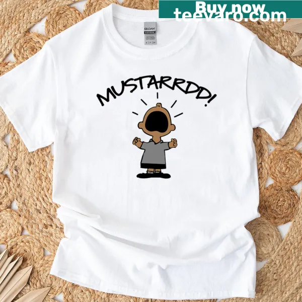 Whimsical mustard graphic with playful typography on a T-shirt