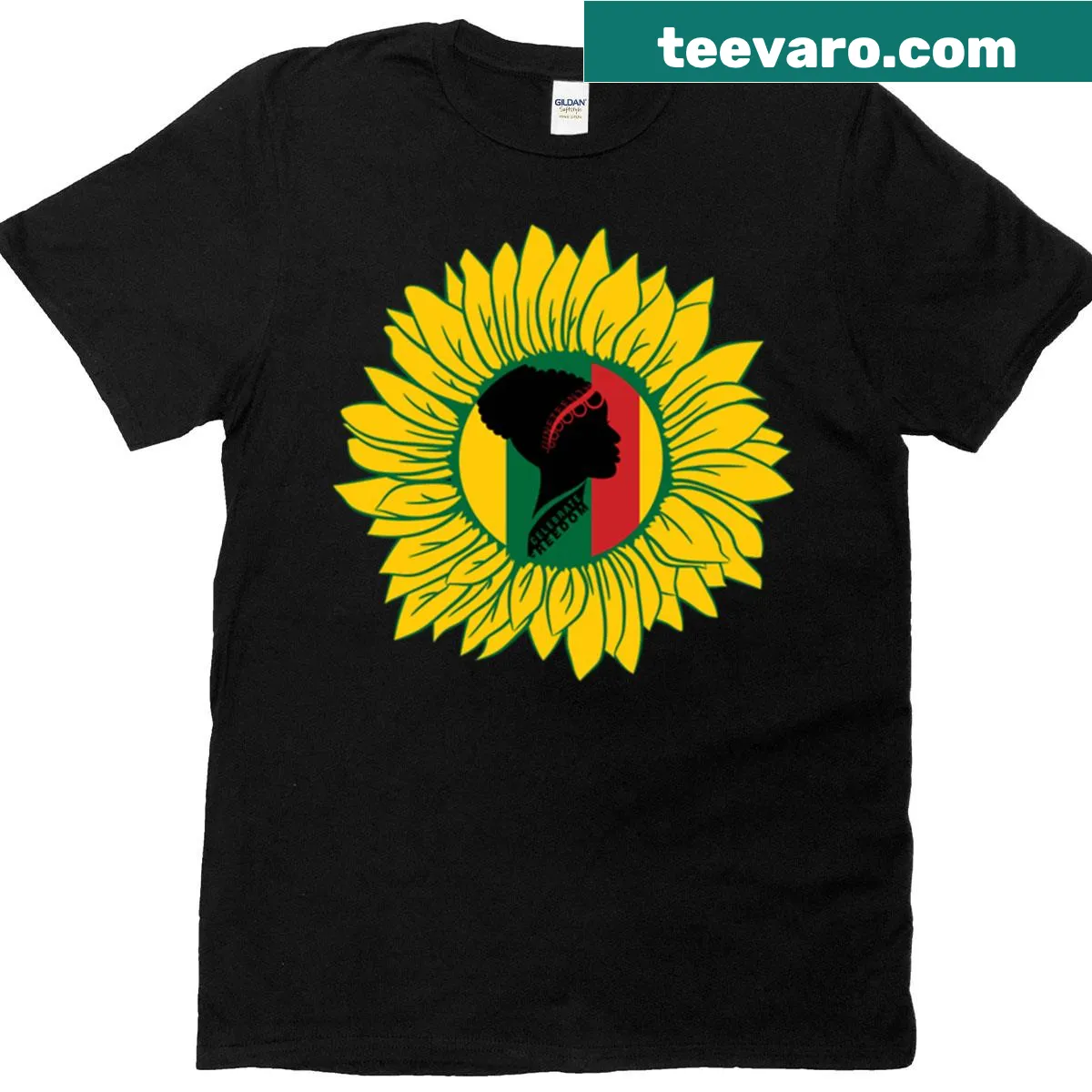 Illustrative t-shirt featuring a Black woman with a sunflower — on a men's t-shirt
