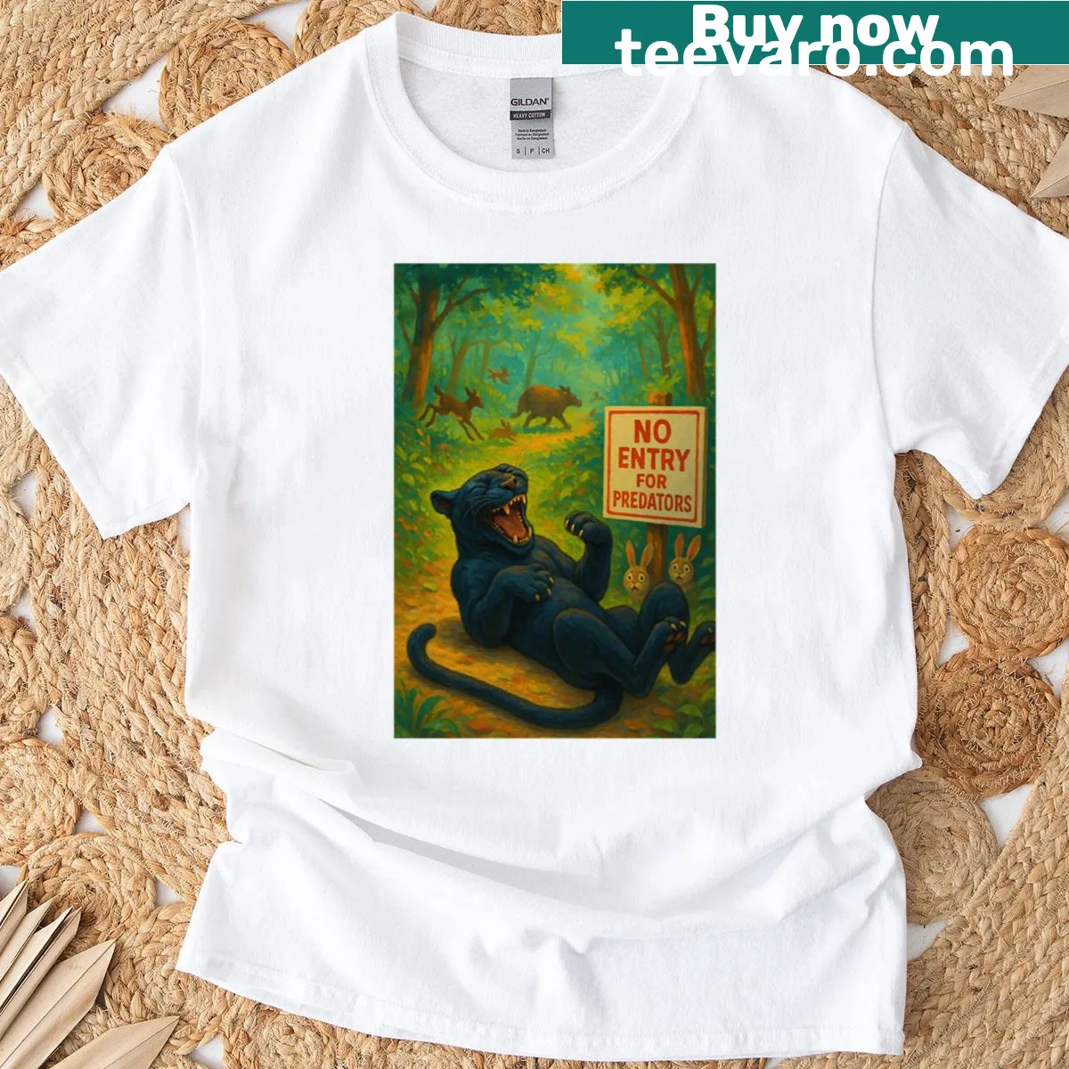 Edgy panther graphic with 'No Entry For Predators' text T-shirt — on a men's t-shirt