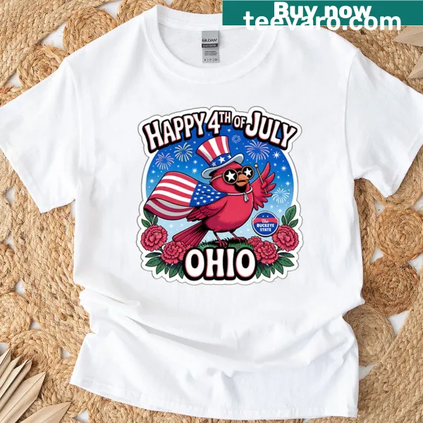 T-shirt featuring a cardinal with USA flag and fireworks design