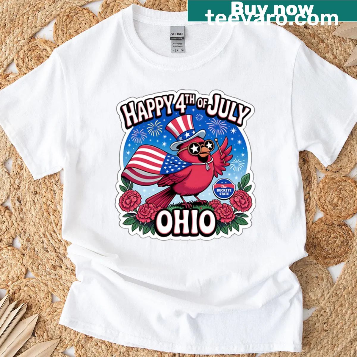 T-shirt featuring a cardinal with USA flag and fireworks design — on a men's t-shirt