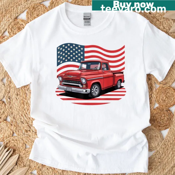 Vintage pickup truck graphic with American flag for 4th of July