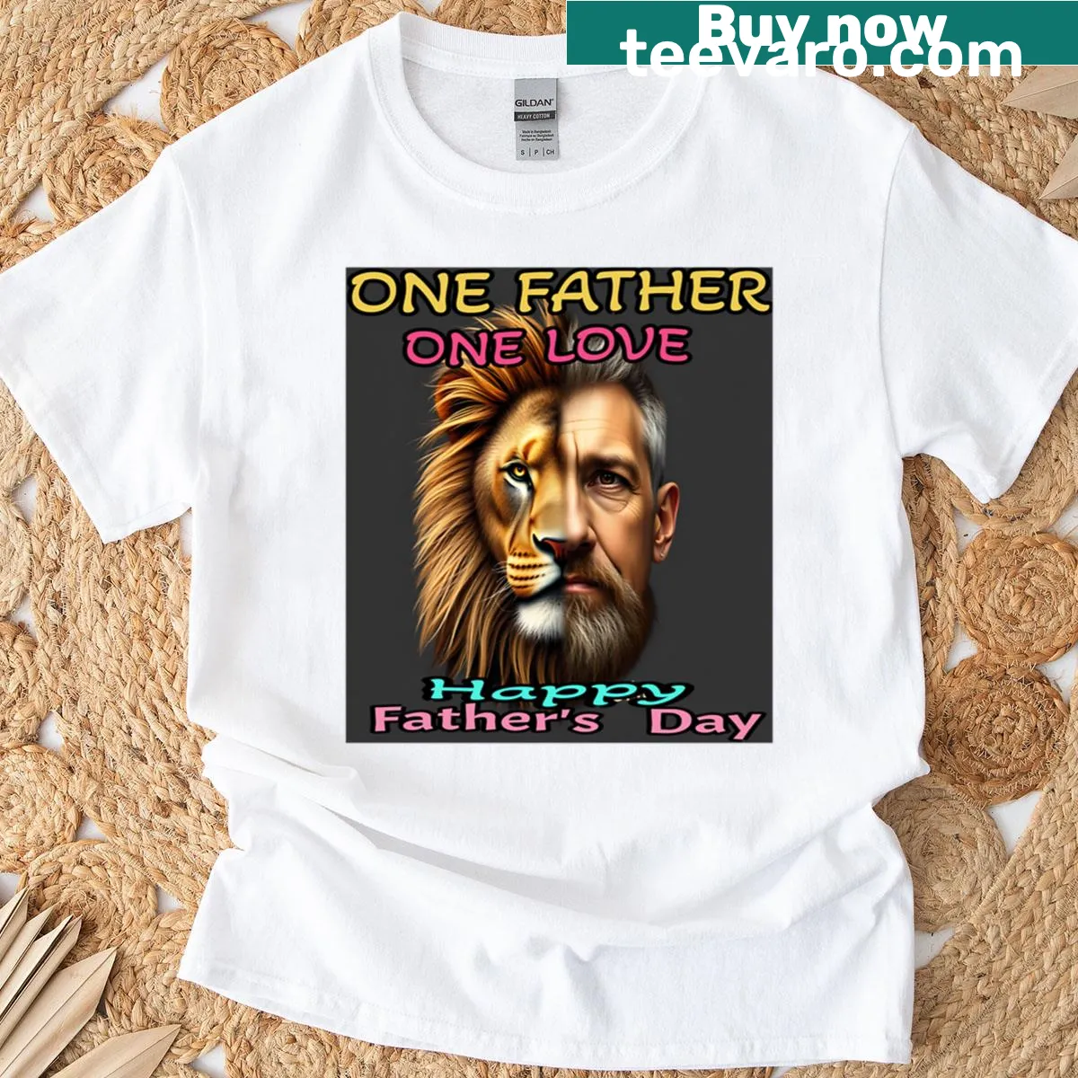 Typography design that says 'One Father One Love One Hero' on a T-shirt — on a men's t-shirt
