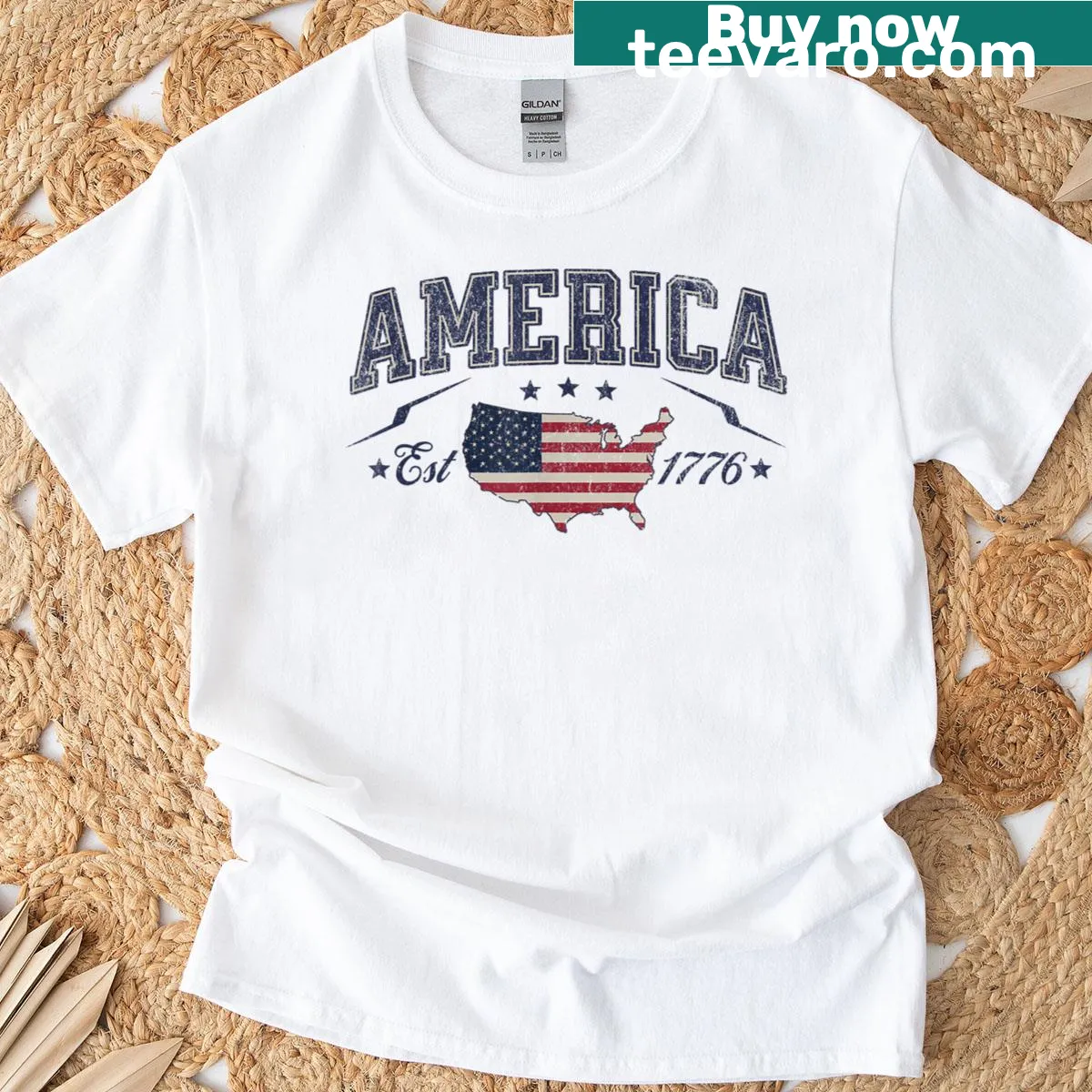 American flag t-shirt with 'USA Est. 1776' — on a men's t-shirt