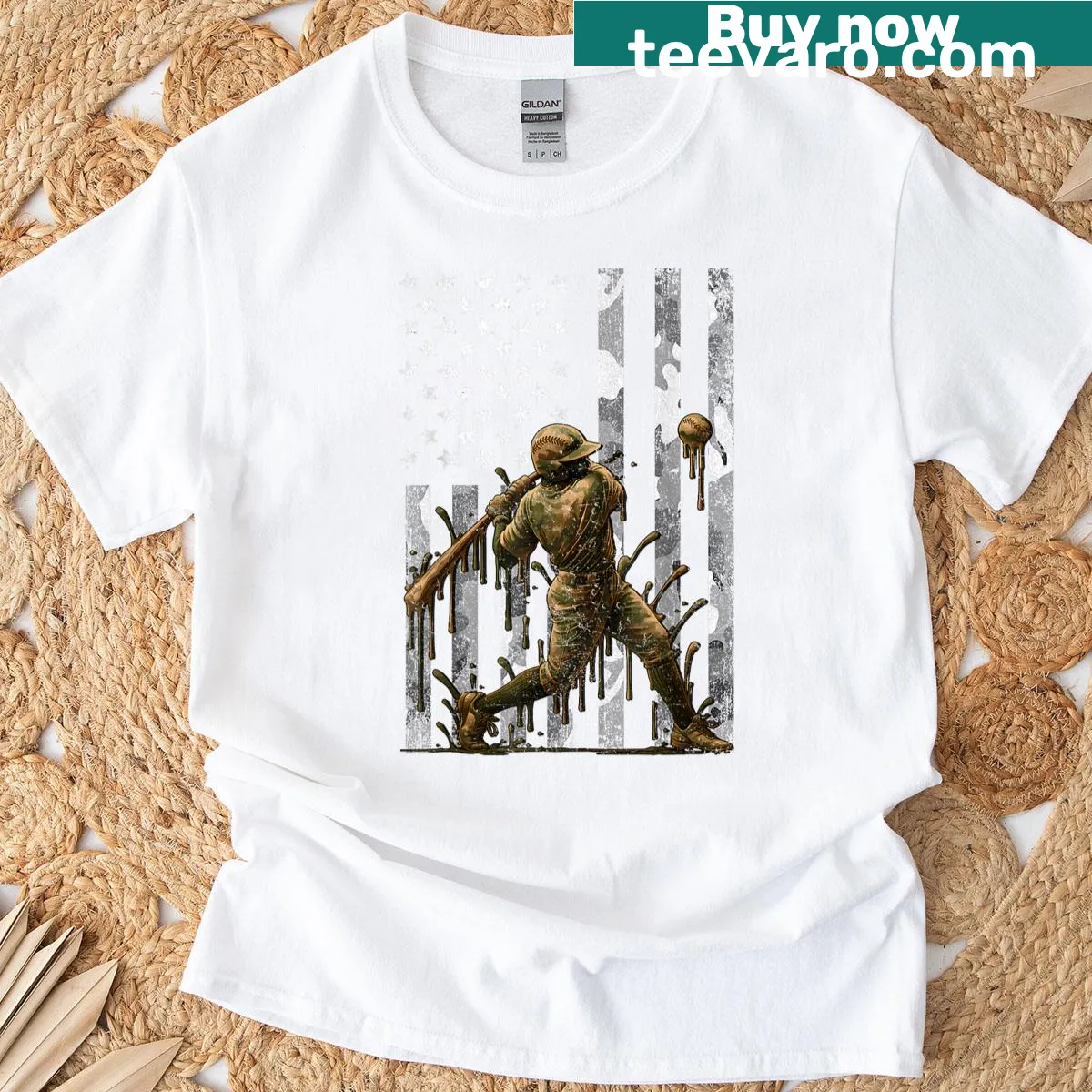 Cartoon-style t-shirt with American flag and camo baseball — on a men's t-shirt