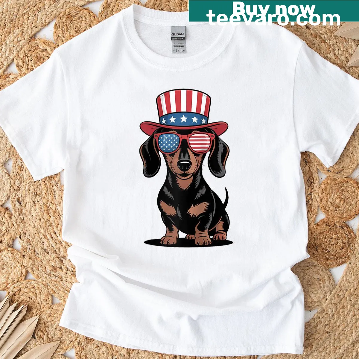 Beagle holding American flag on a raglan tee — on a men's t-shirt