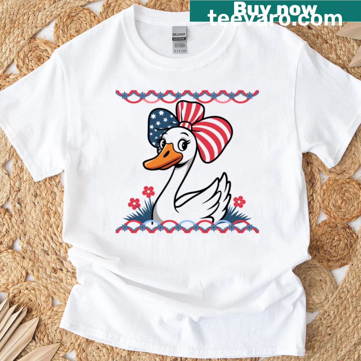 Illustrated coquette duck with patriotic colors for July 4th — on a men's t-shirt