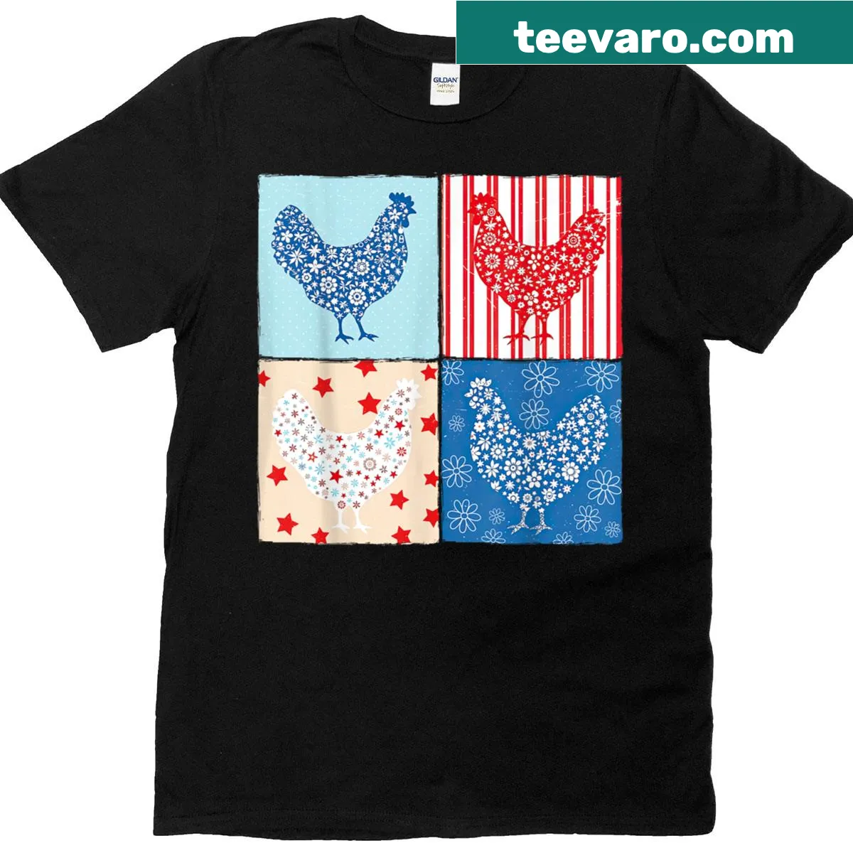 Floral chicken design with USA flag for farm girls on July 4th. — on a men's t-shirt