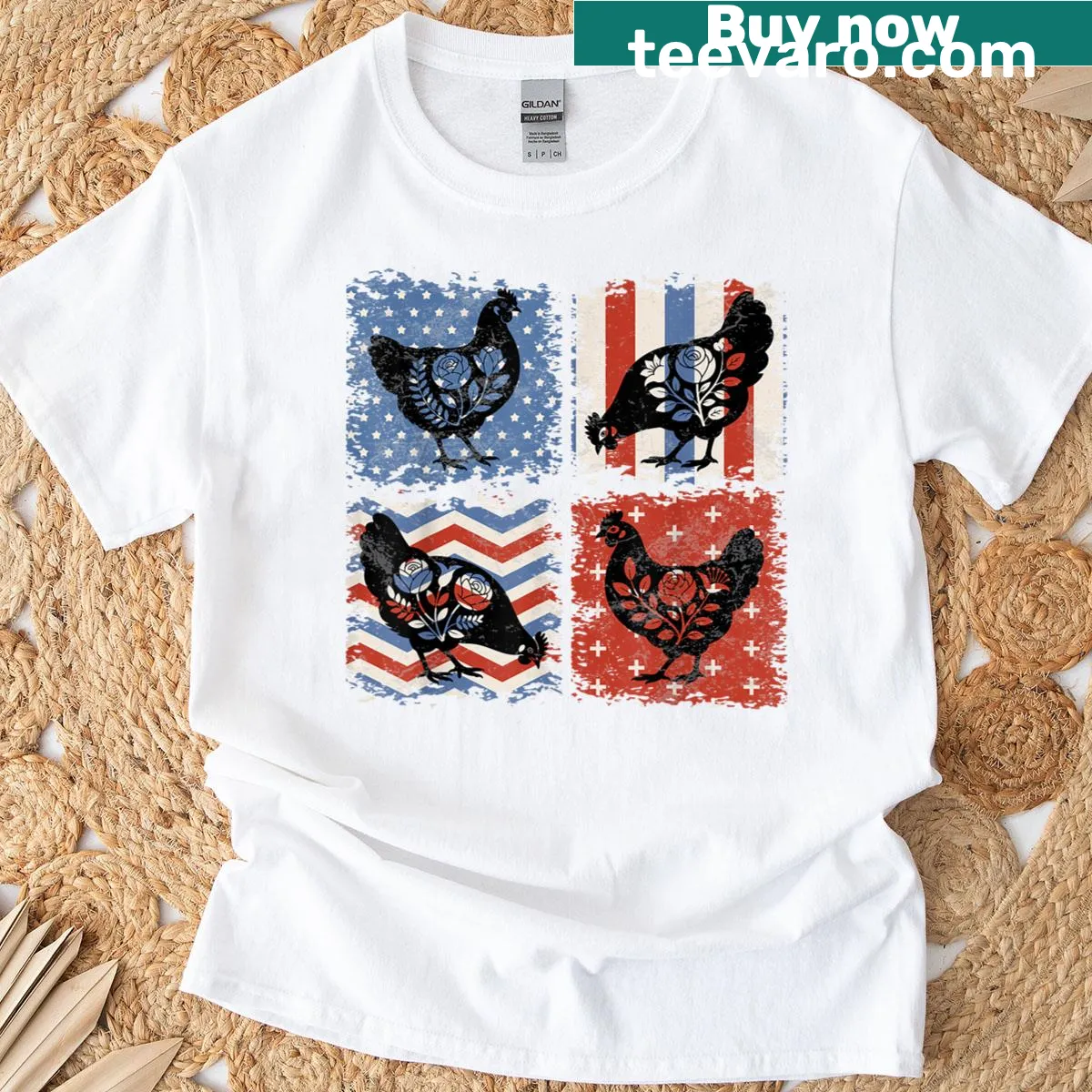 Illustration of a patriotic chicken with USA flag on a T-shirt — on a men's t-shirt