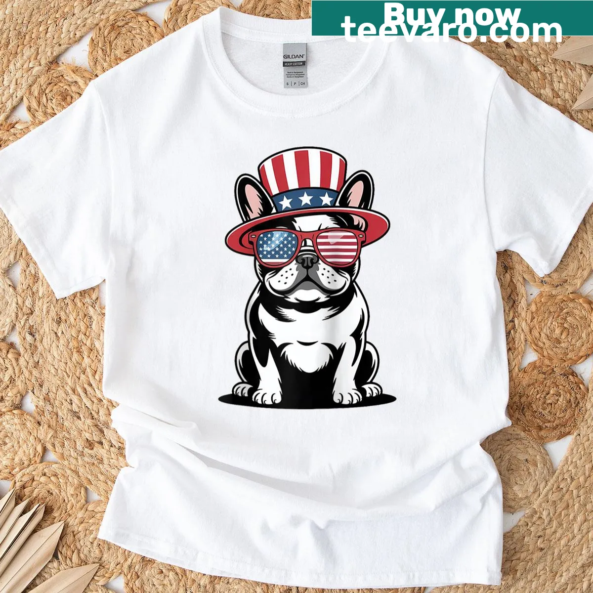 Patriotic French Bulldog with USA flag on a T-shirt — on a men's t-shirt