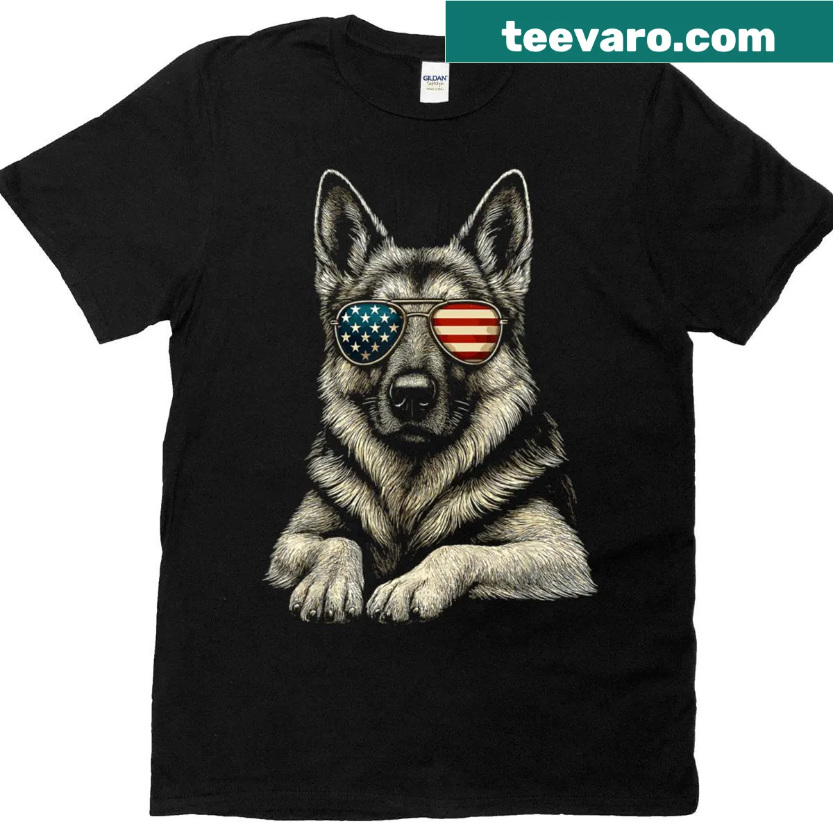 Patriotic T-shirt featuring a German Shepherd and USA flag — on a men's t-shirt