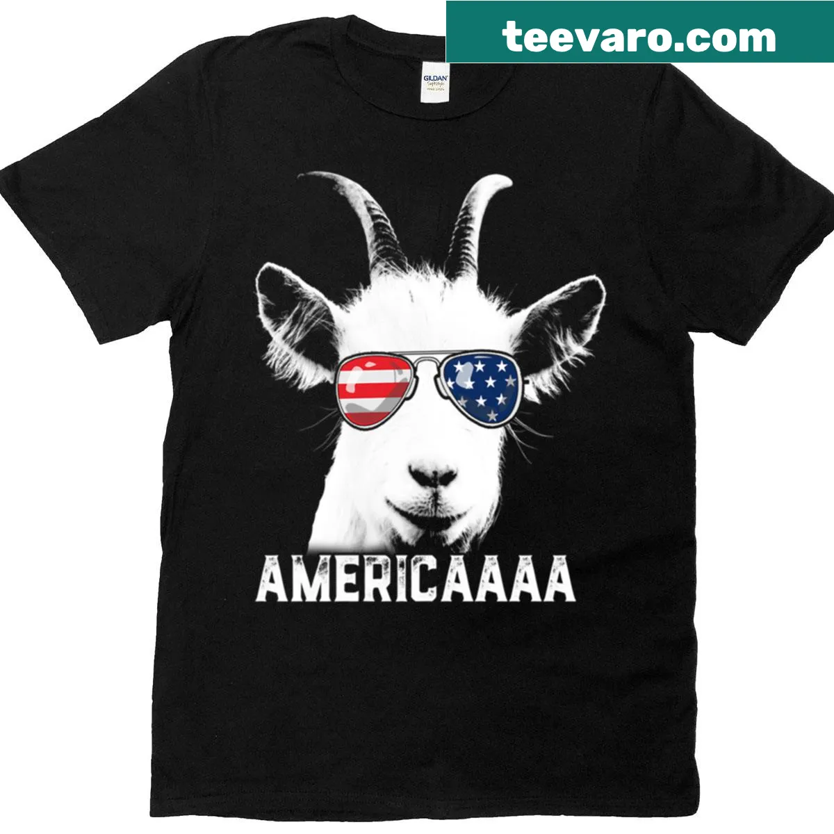 Funny cartoon goat shouting 'Americaaa!' for July 4th. — on a men's t-shirt