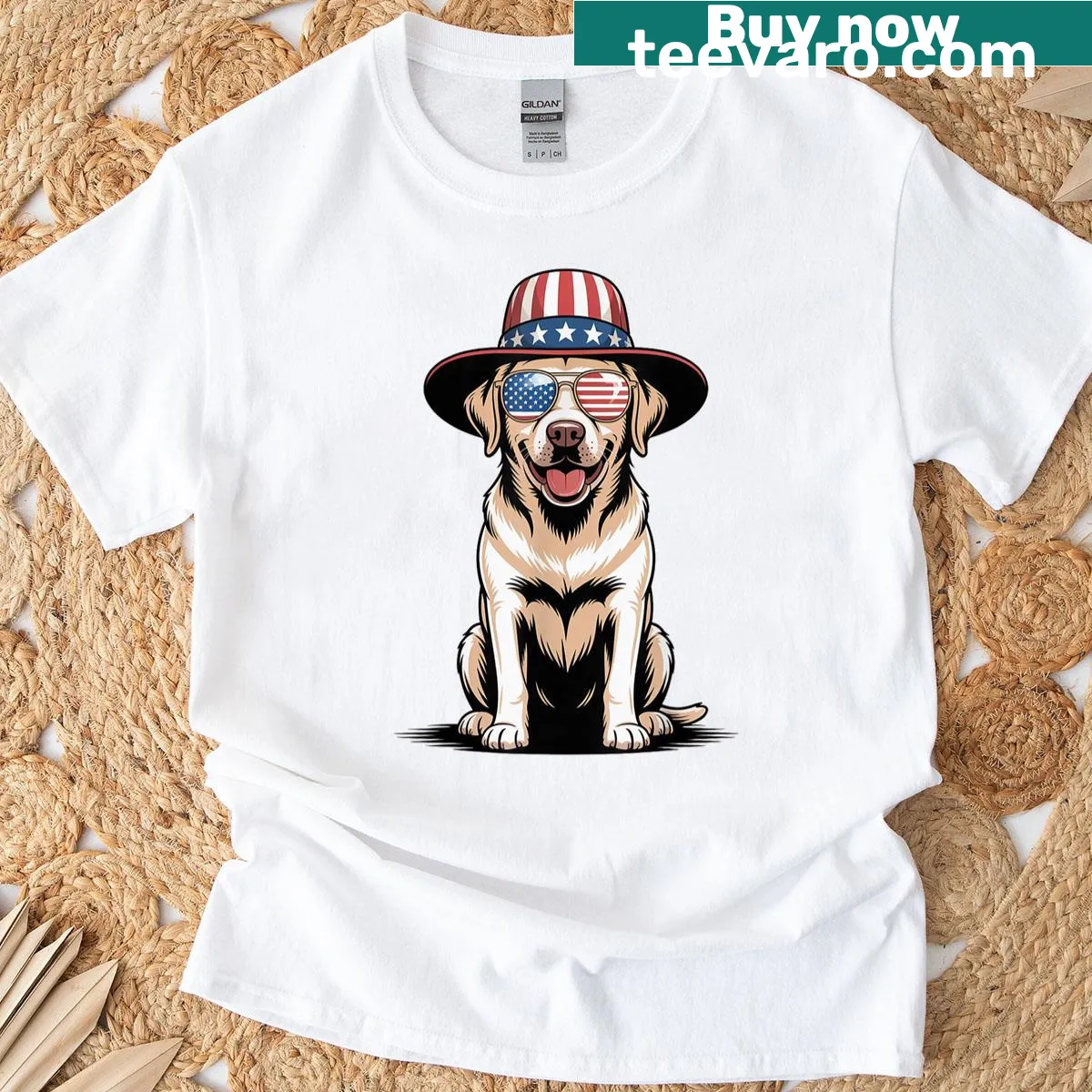 Labrador Retriever with US flag for July 4th — on a men's t-shirt