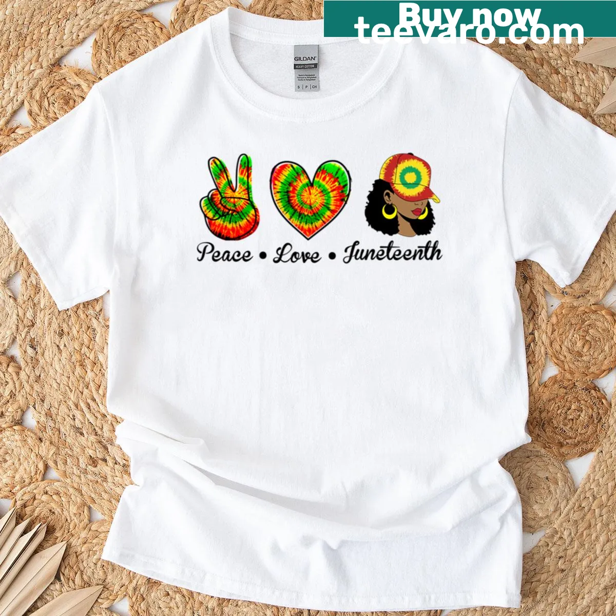 Juneteenth celebration t-shirt featuring the words 'Peace Love Freedom 1865' — on a men's t-shirt
