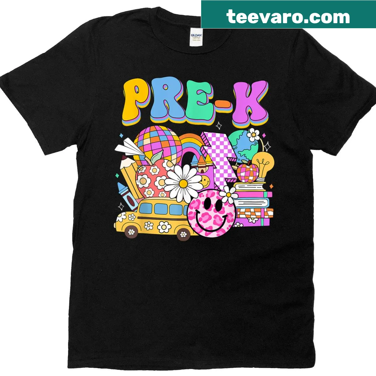 Illustrated T-shirt featuring school supplies for preschoolers — on a men's t-shirt