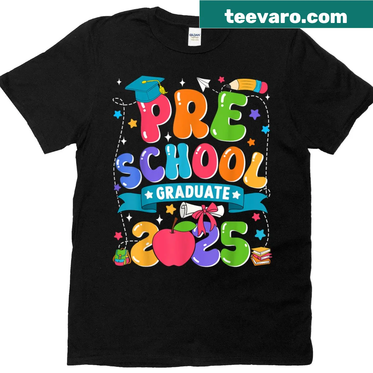 Celebratory t-shirt for preschool graduation 2025 with playful lettering — on a men's t-shirt