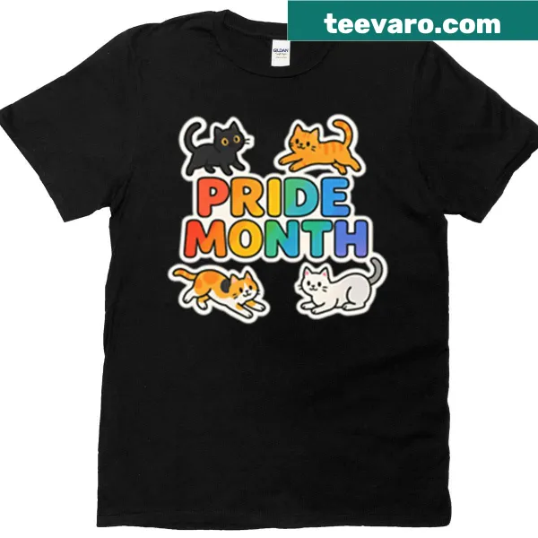 T-shirt featuring playful cats in a parade for Pride Month