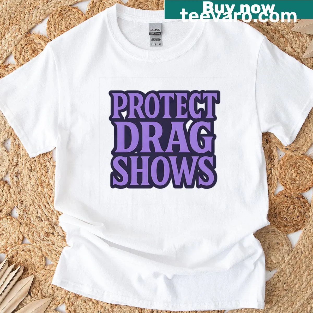 Bold typography t-shirt design that reads 'Protect Drag Shows' prominently — on a men's t-shirt