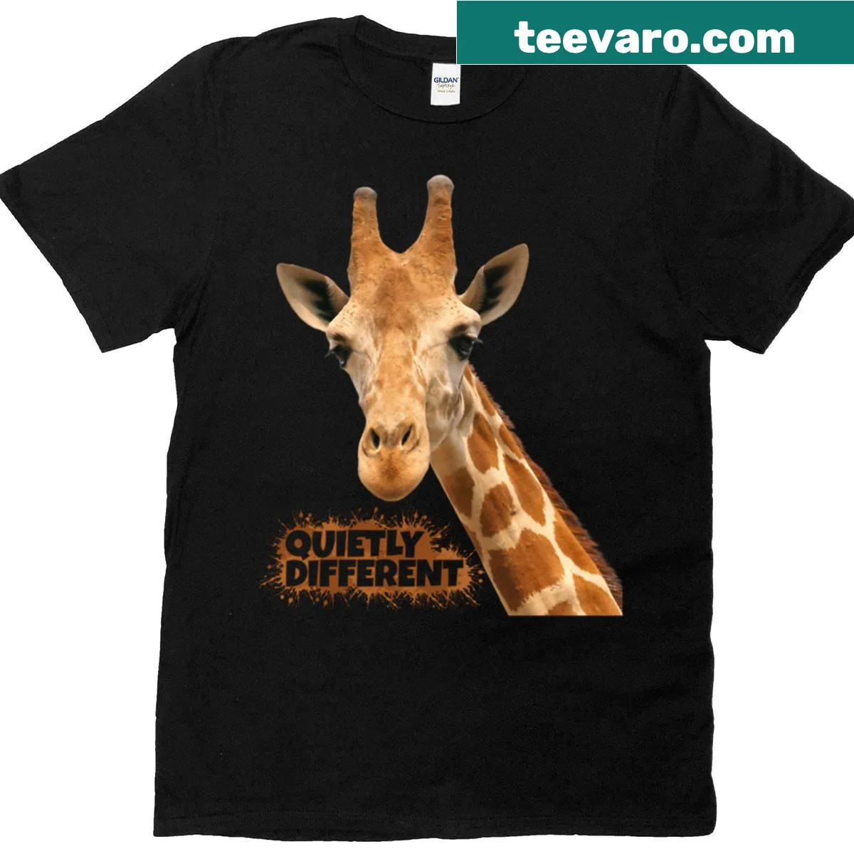 Illustration of a giraffe head with quirky text design. — on a men's t-shirt