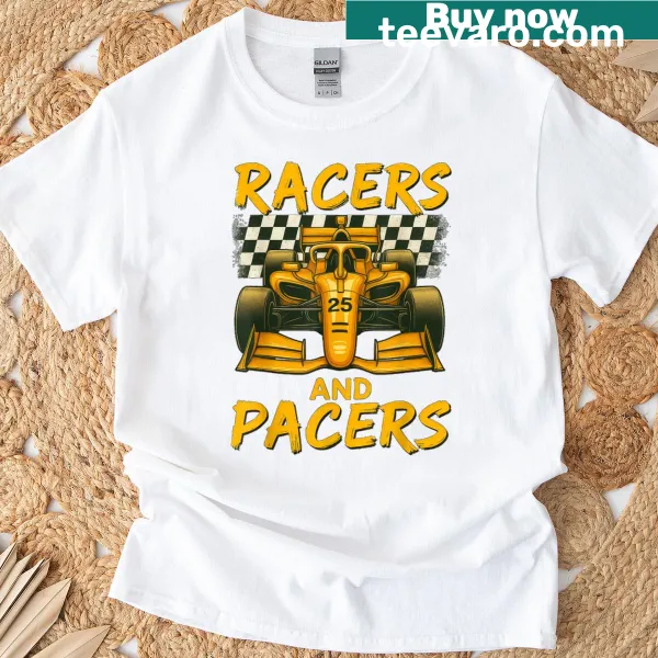 T-shirt featuring the phrase 'Racers And Pacers' in fun typography