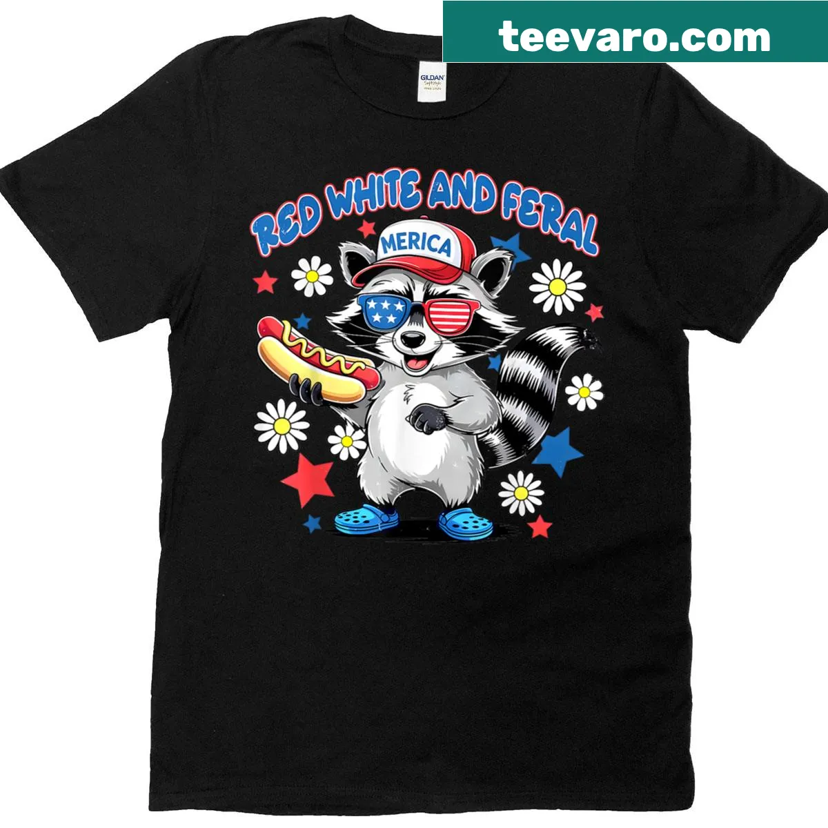 Funny raccoon graphic with patriotic colors for 4th of July — on a men's t-shirt