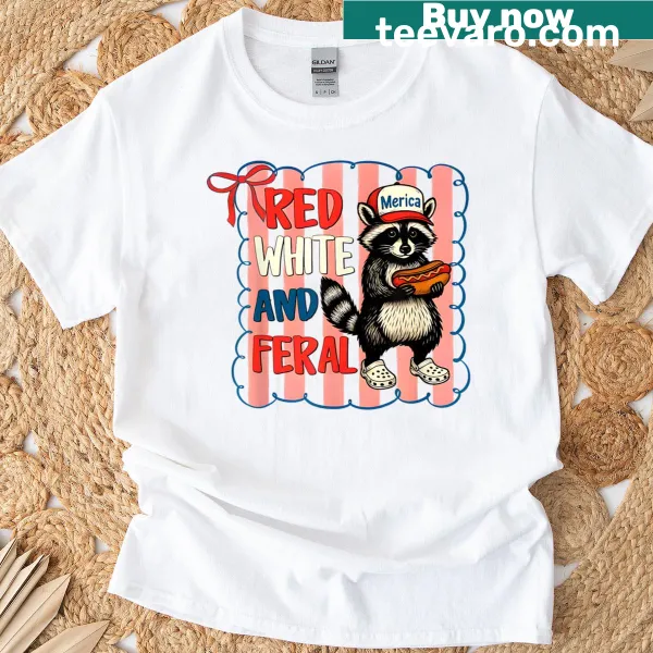 Funny July 4th t-shirt with a raccoon and hotdog design