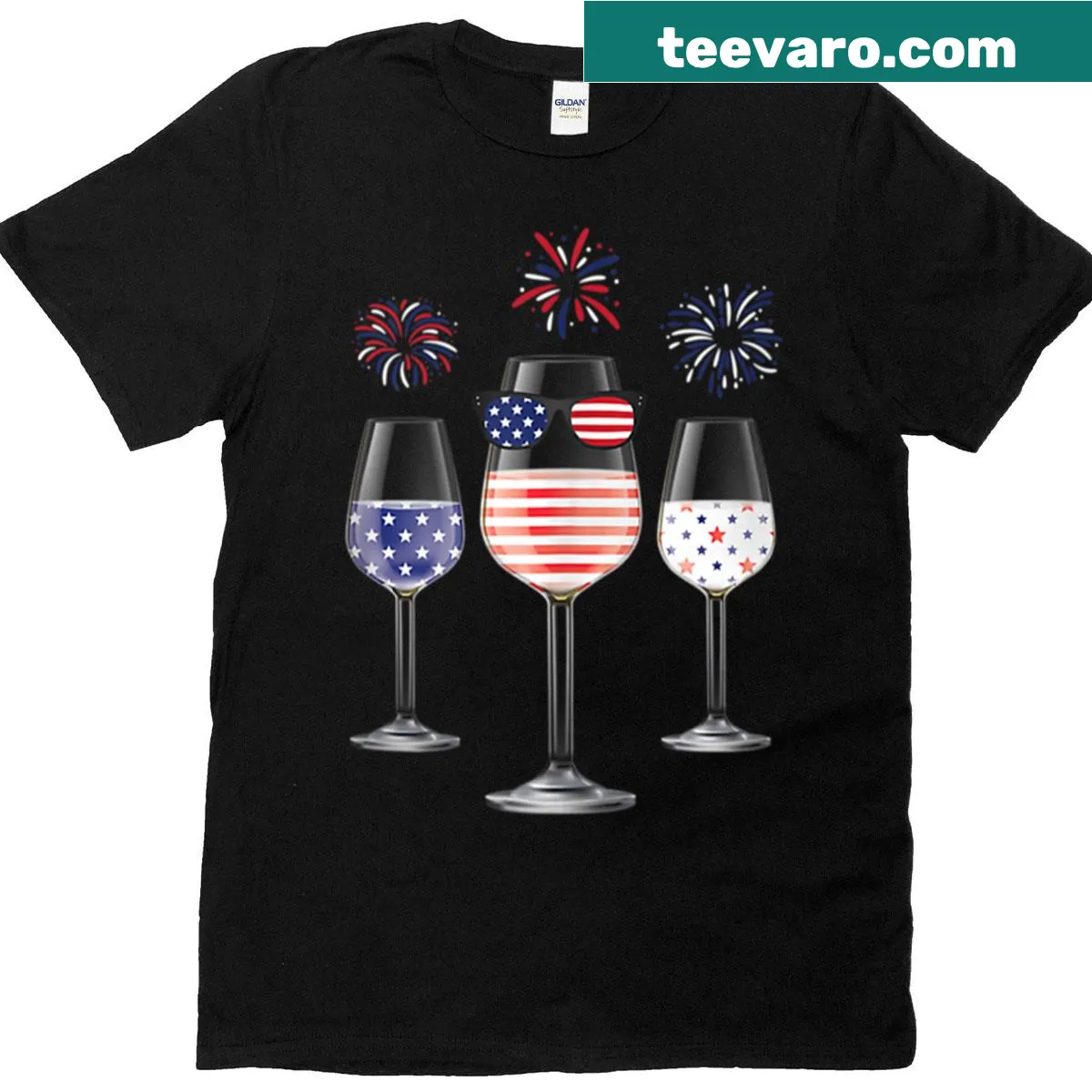 Oversized 4th of July t-shirt with wine glasses and American flag design — on a men's t-shirt