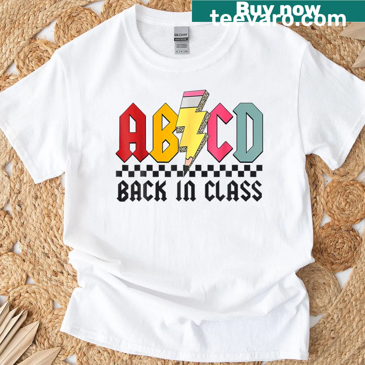 Retro school-themed T-shirt with leopard and ABCD design — on a men's t-shirt