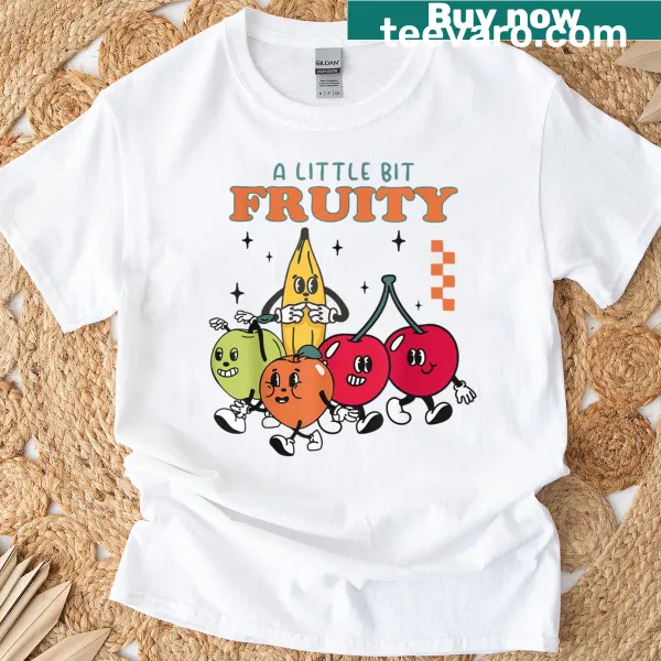Whimsical LGBTQ+ pride t-shirt featuring 'A Little Bit Fruity'