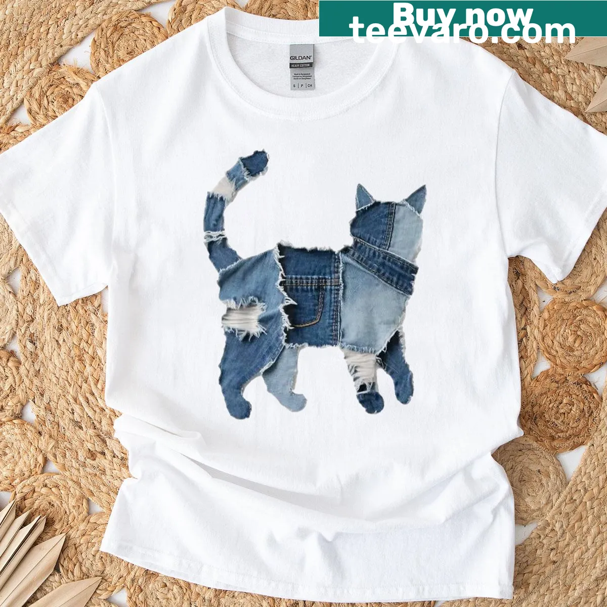 Vintage denim patch cat print t-shirt with a humorous design — on a men's t-shirt